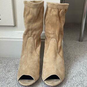 Beige suede peep toe sock booties, size 39